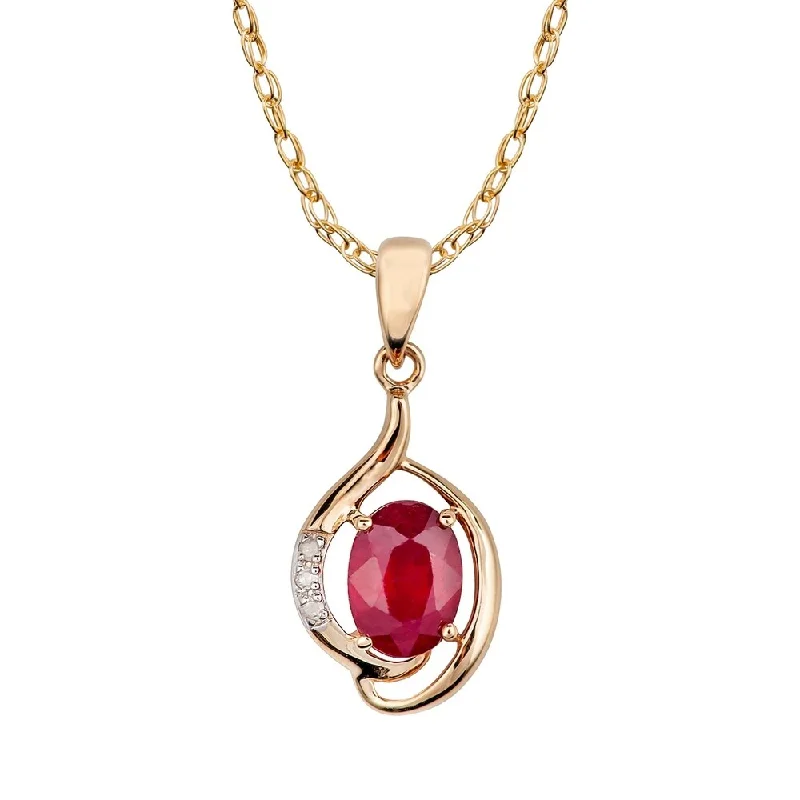 Multi-layer necklaces-Viducci 10k Yellow Gold Genuine Oval Ruby and Diamond Pendant Necklace