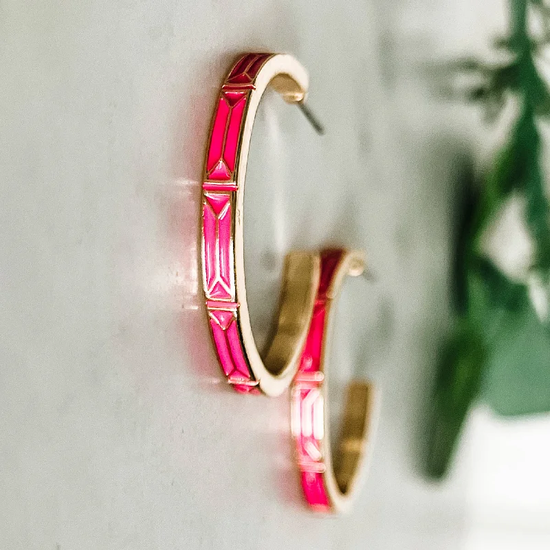 Half moon earrings-Bright Pink Enamel and Gold Hoop Earrings