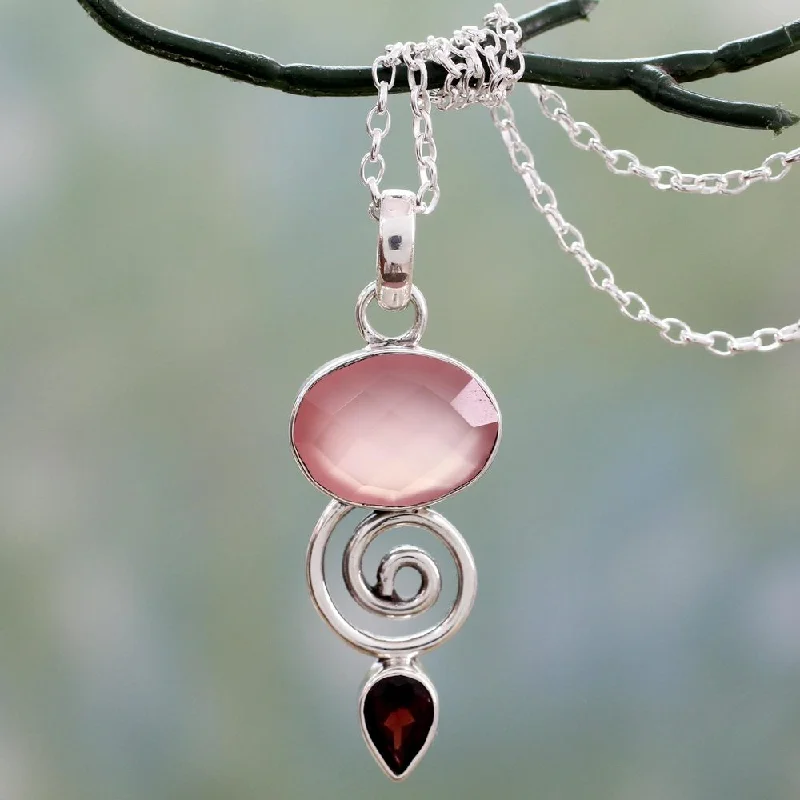 Rope braid necklaces-NOVICA Handmade Sterling Silver 'Romantic Journey' Garnet Chalcedony Necklace (India) - Pink