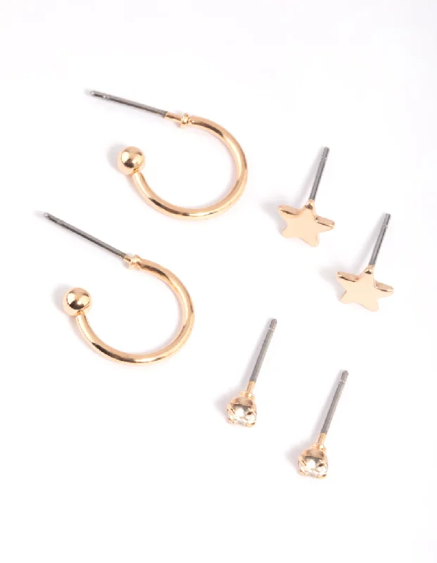 Swirl shape earrings-Gold Diamante Star Stud Earring Pack