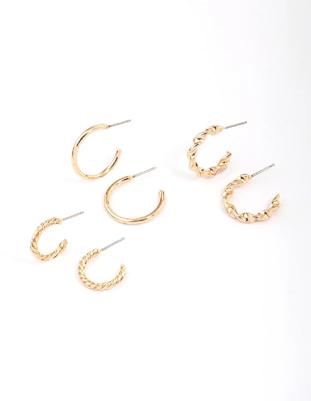 Aged bronze earrings-Gold Twisted & Polished Hoop Earring 3-Pack