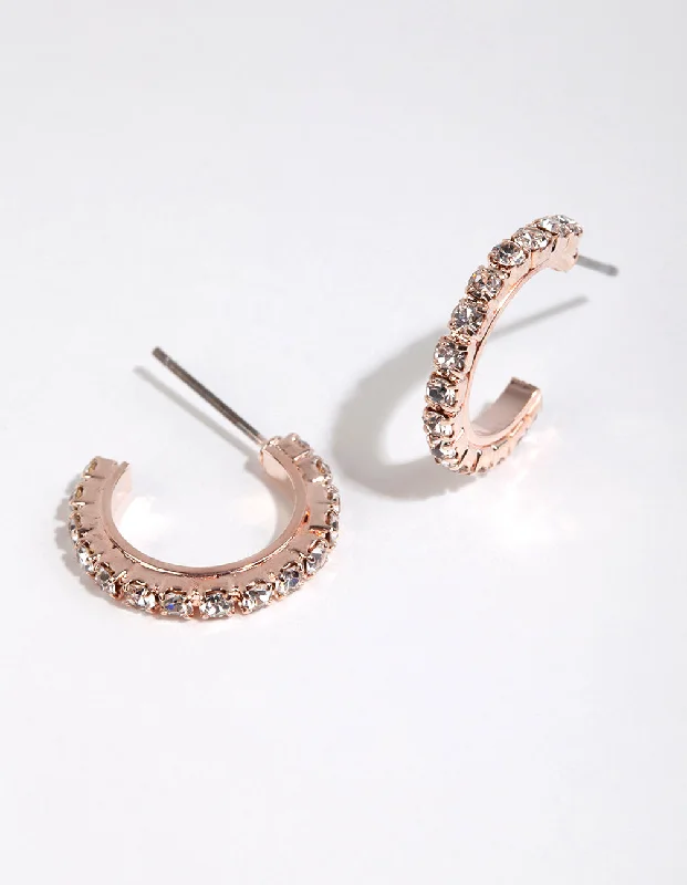 Amethyst stud earrings-Rose Gold Riased Diamante Huggie Hoop Earrings