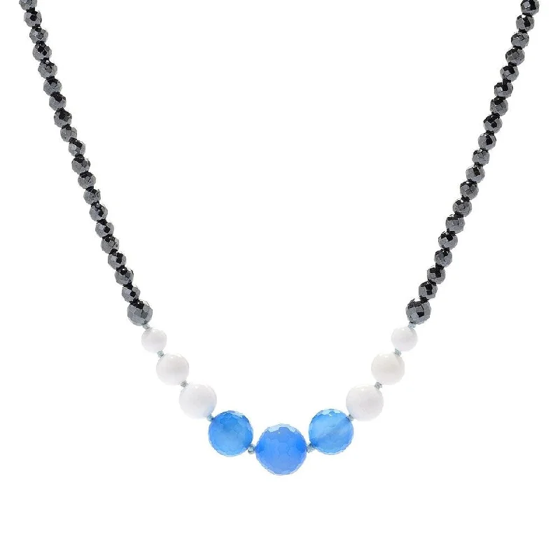 Radiant pearl necklaces-Aqua Chalcedony Hematite, White Agate & Gemstone Bead Necklace 42"