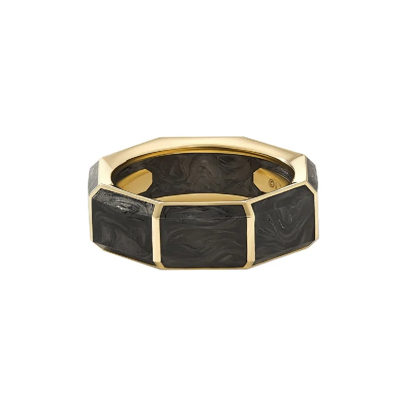 Pure crystal engagement rings-8mm Forged Carbon Faceted Band with 18k Yellow Gold