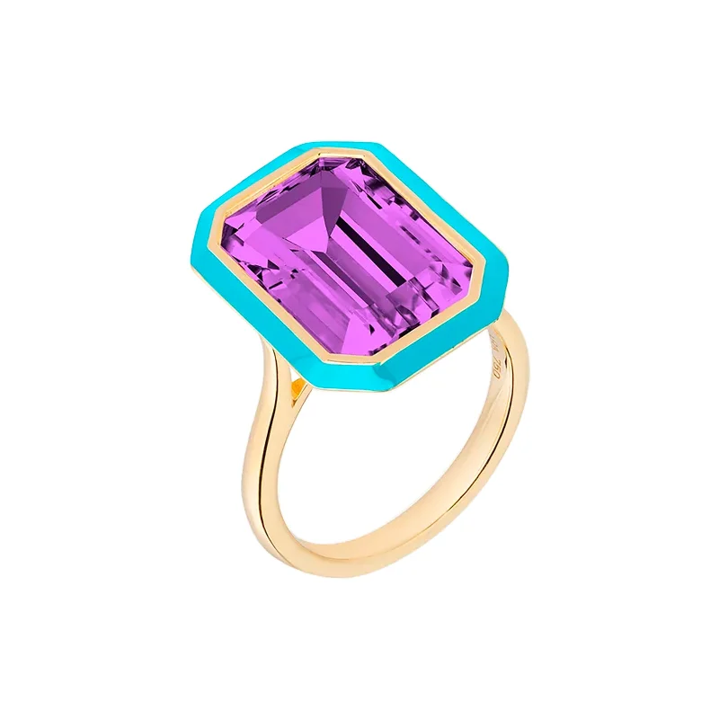 Round gem engagement rings-Amethyst and Turquoise Enamel Ring