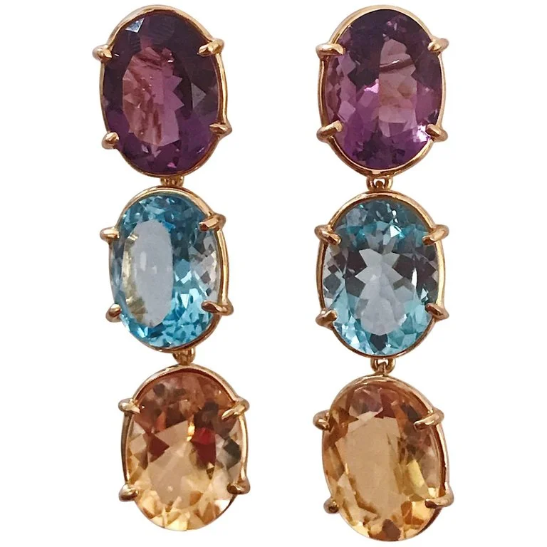 Reef knot earrings-Elegant Three-Stone Drop Earring with Amethyst and Blue Topaz and Citrine