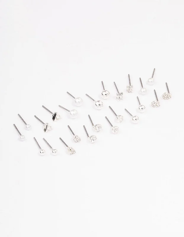 Silk cord earrings-Silver Classic Pearl & Stone Earring 12-Pack