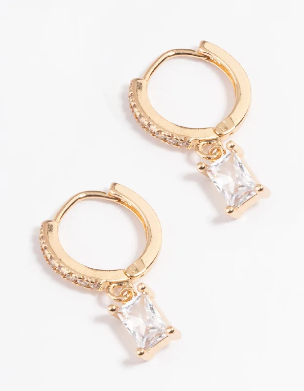 Layered drop earrings-Gold Rectangle Cubic Zirconia Huggie Earrings