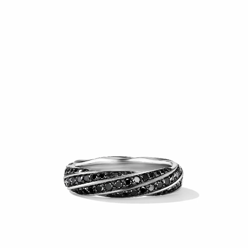 Oval gem engagement rings-Cable Edge Band Ring in Recycled Sterling Silver with Pave Black Diamonds