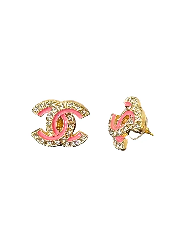 Vintage clip earrings-CC Cutout Pink CZ Button Earrings