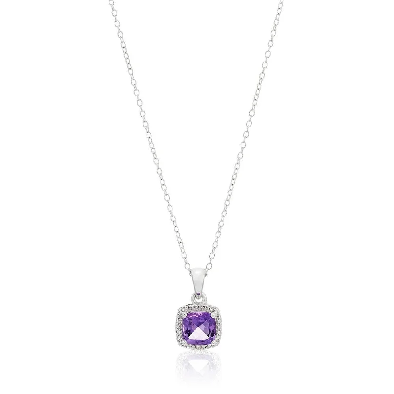 Dove feather necklaces-Ster Silver Cushion Amethyst & Diamond Accented Pendant Necklace, 18"