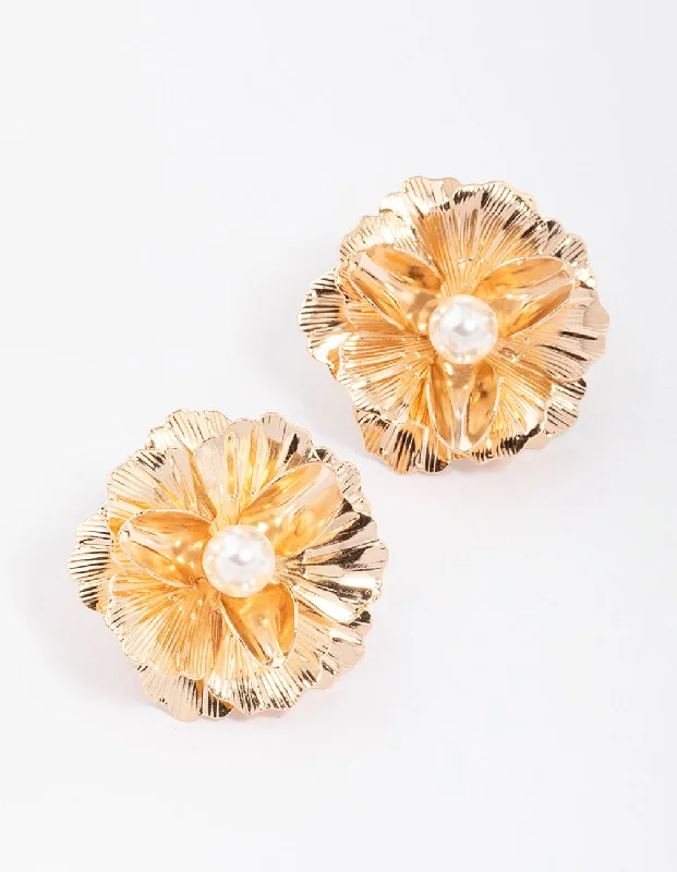 Vivid gem earrings-Gold Foil Pearl Flower Stud Earrings