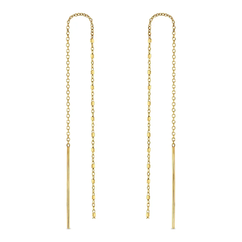 Wide statement earrings-14k Gold Square Bead Chain Drop Threaders