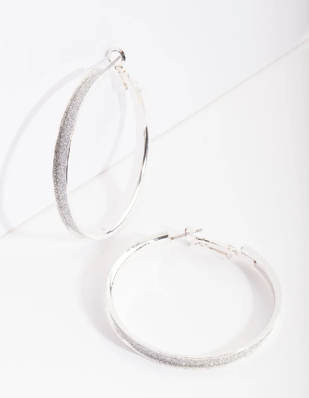 Thin hoop earrings-Silver Glitter Inset Hoop Earrings