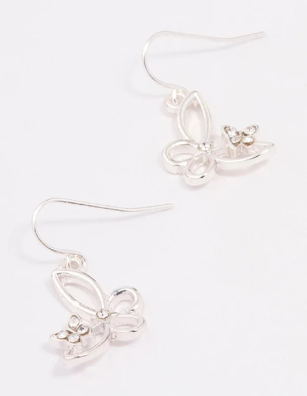 Bamboo style earrings-Silver Diamante Cut Butterfly Drop Earrings