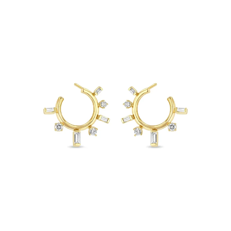 Polished art earrings-14k Baguette & Prong Diamond Front to Back Circle Hoops