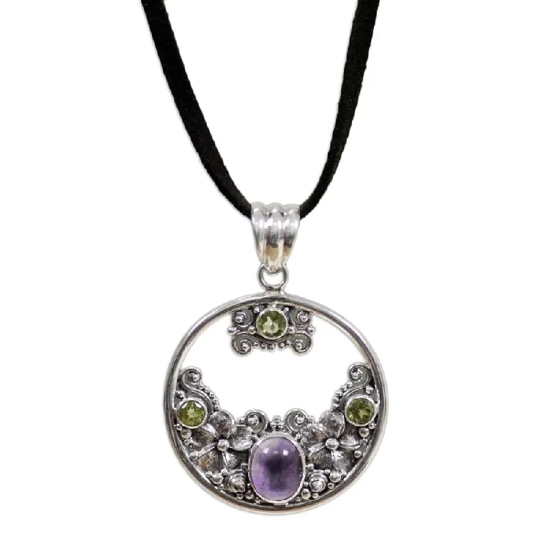 Emerald drop necklaces-Silver Frangipani Moon Peridot Amethyst Necklace (Indonesia)