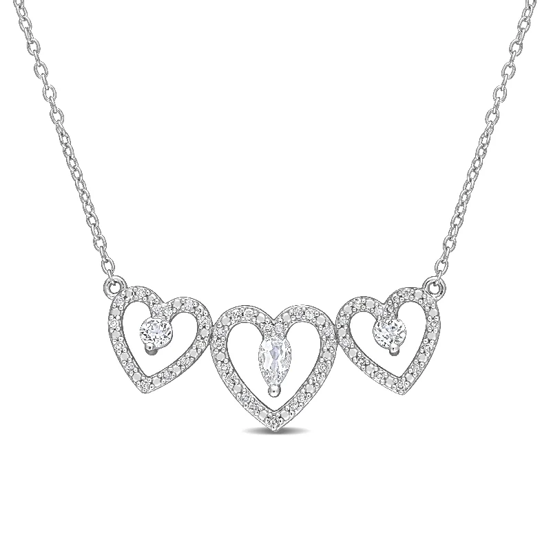 Bead braid necklaces-Miadora White Topaz and 1/5ct TDW Diamond Accent Triple Heart Station Necklace in Sterling Silver