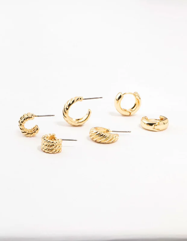 Bold cross earrings-Gold Plated Textured Hoop Earrings 3-Pack