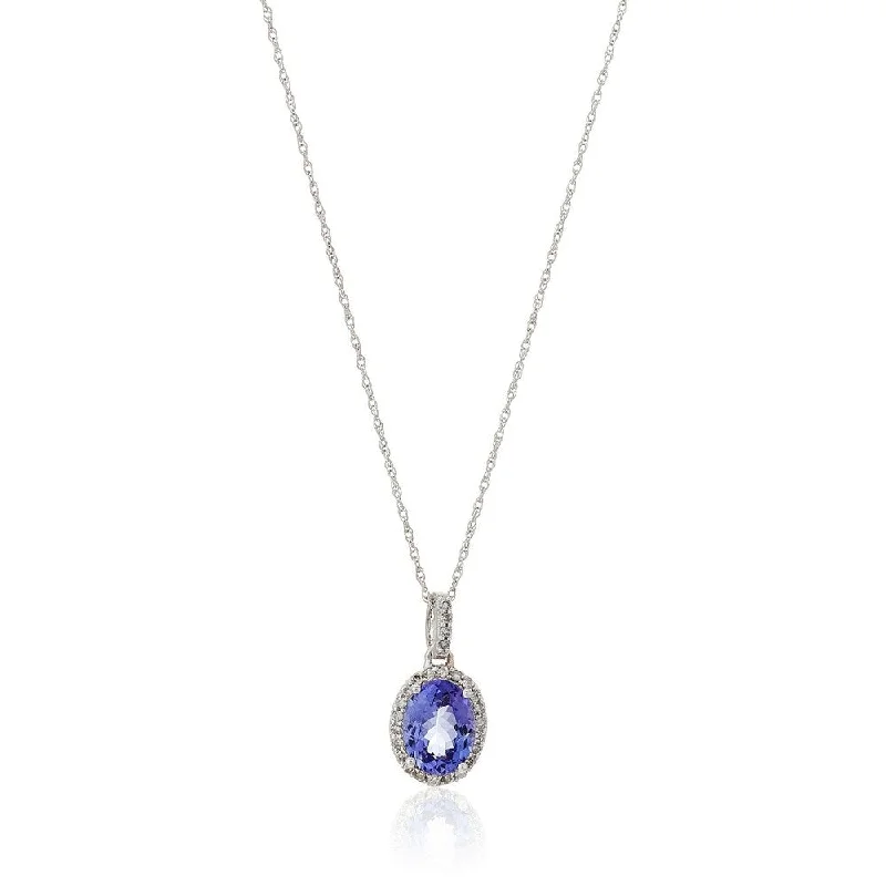 Vibrant enamel necklaces-14k White Gold Oval Tanzanite and Diamond Halo Pendant Necklace, 18"