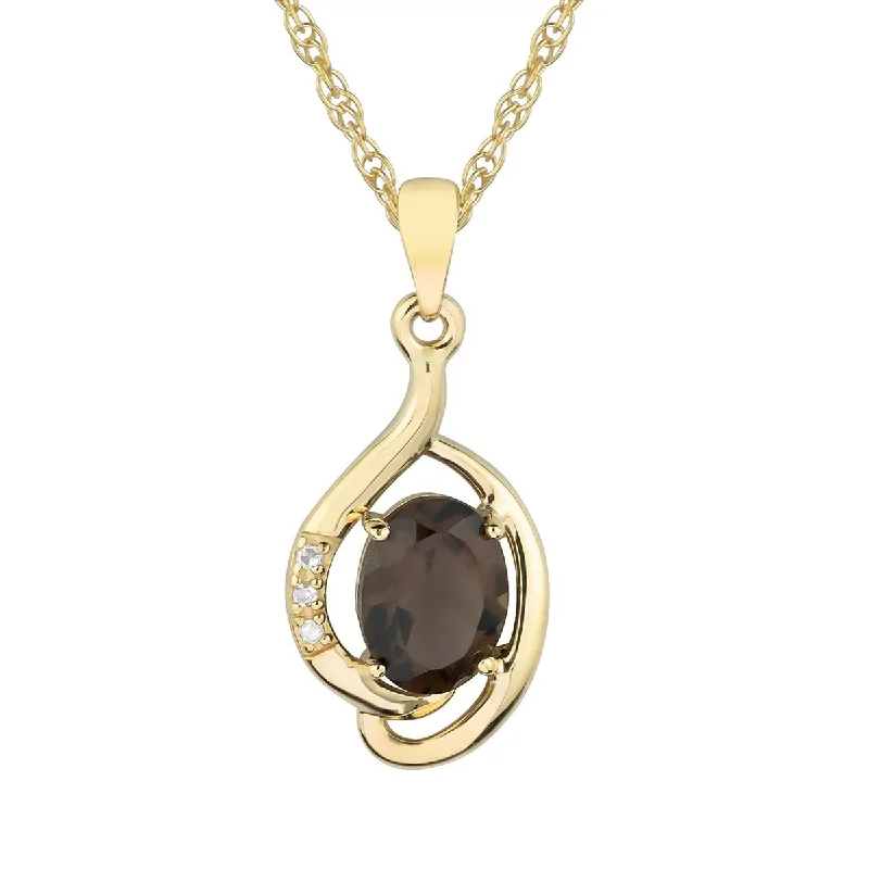 Thick bar necklaces-Viducci 10k Yellow Gold Genuine Oval Smoky Quartz and Diamond Pendant Necklace