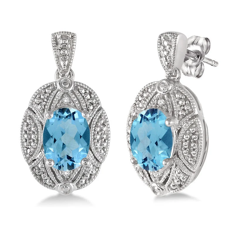 Topaz stone earrings-Blue Topaz &  Diamond Filigree Earrings