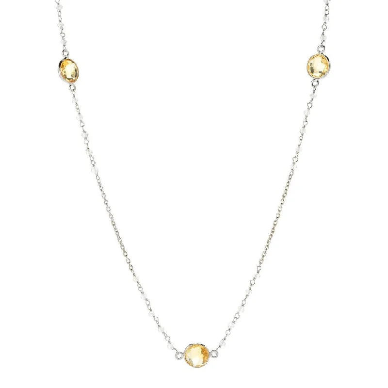 Lily flower necklaces-Sterling Silver 36" 10mm Citrine & Rainbow Moonstone Station Necklace