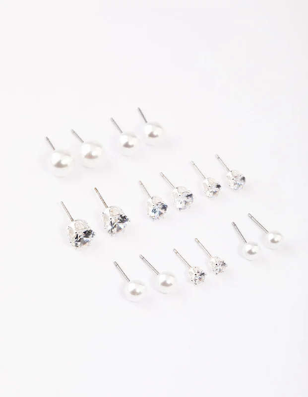 Solid ring earrings-Silver Graduating Diamante & Pearl Earrings 8-Pack