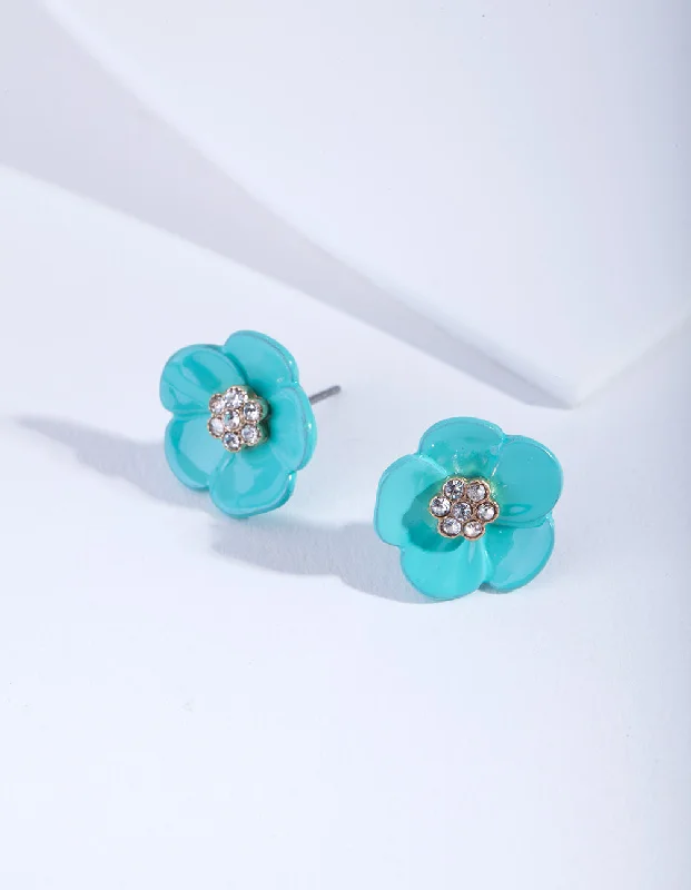 Tiny wing earrings-Teal Flower Diamante Stud Earrings