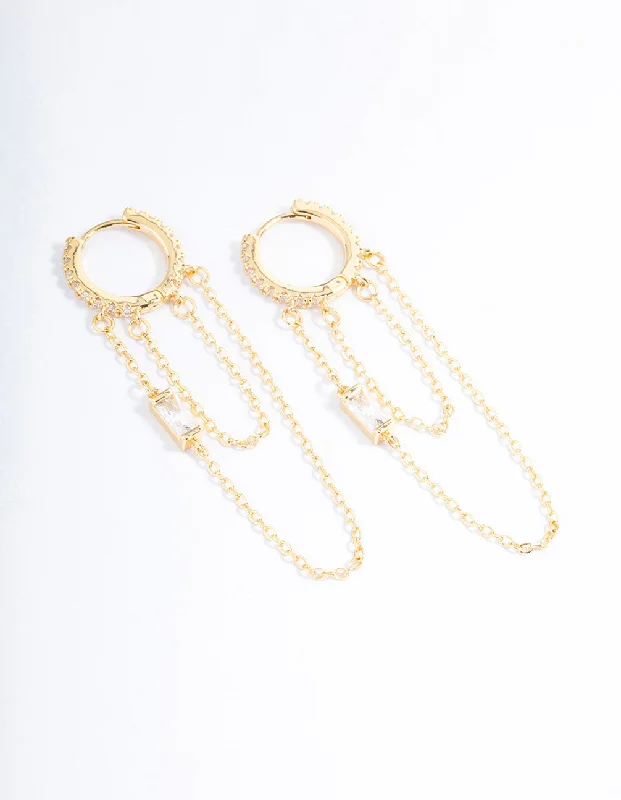 Smooth drop earrings-Gold Plated Cubic Zirconia Double Chain Drop Earrings