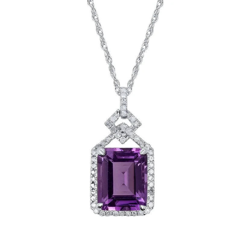 Polished name necklaces-Viducci 10k White Gold Genuine Emerald-cut Amethyst and 1/4ct Diamond Halo Necklace