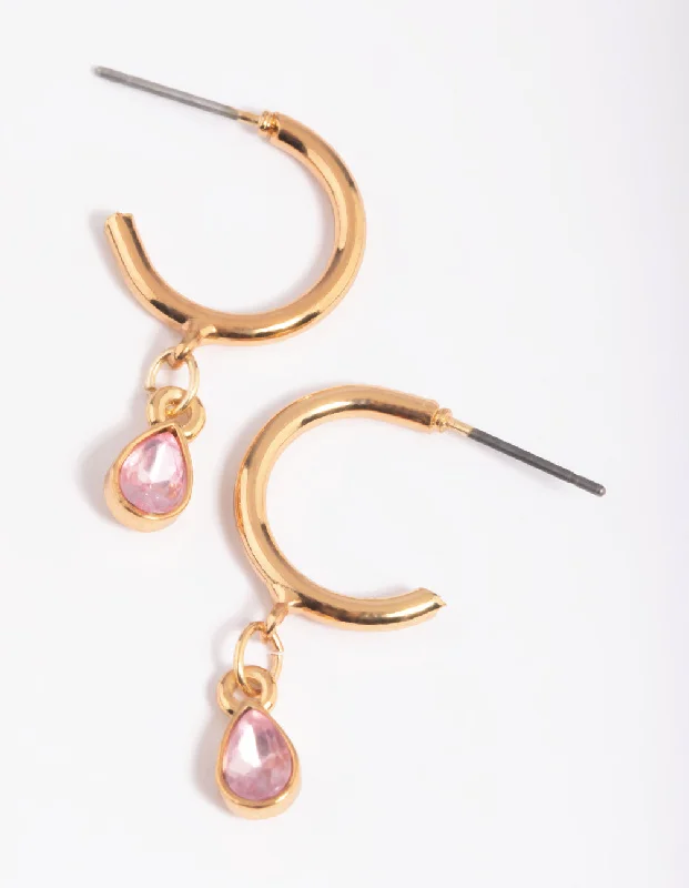 Swirl shape earrings-Gold Pink Stone Huggie Hoop Earrings