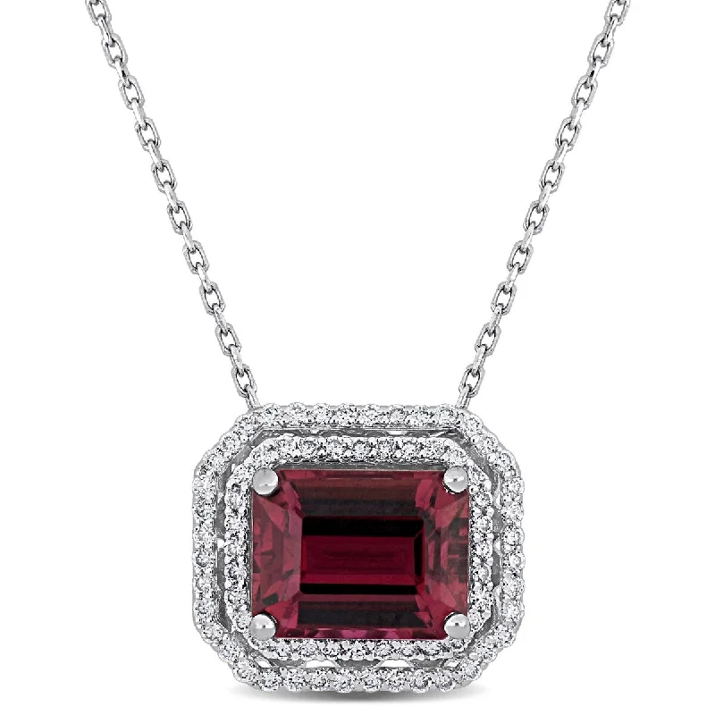 Tribal medallion necklaces-Miadora 3ct TGW Pink Tourmaline 1/3ct TW Diamond Halo Necklace in 14k White Gold