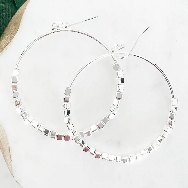 Woven cord earrings-Silver Beaded Circle Hoop Earrings