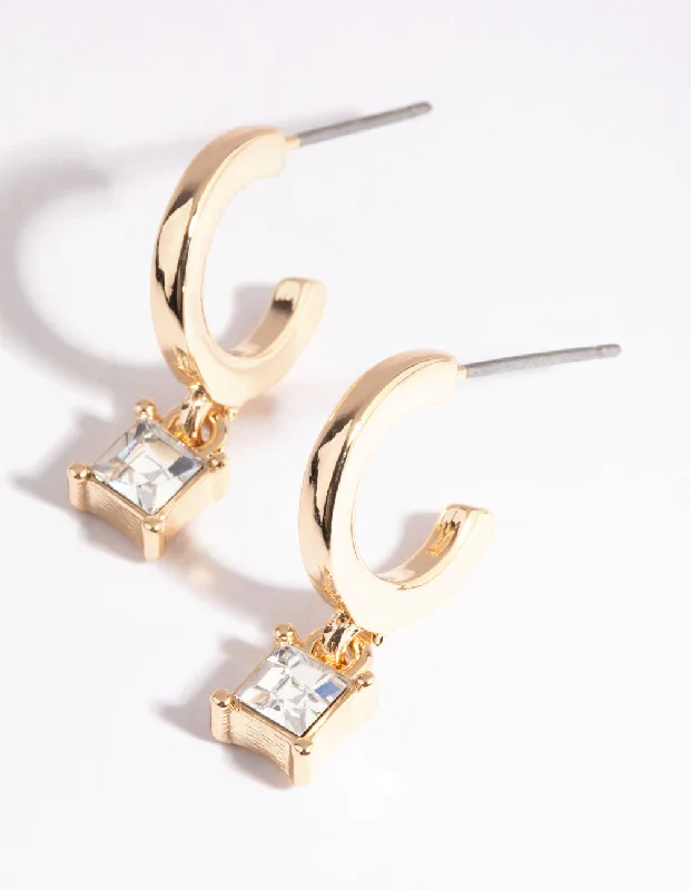 Fox wing earrings-Gold Square Pendant Huggie Earrings