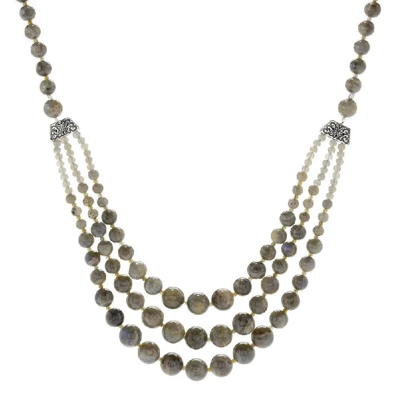 Vivid stone necklaces-Sterling Silver 29" Labradorite Beaded 3-Strand Necklace