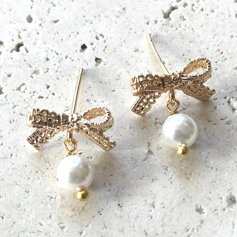 Thin hoop earrings-Bow Ribbon Lace Jewelry Pearl Earrings