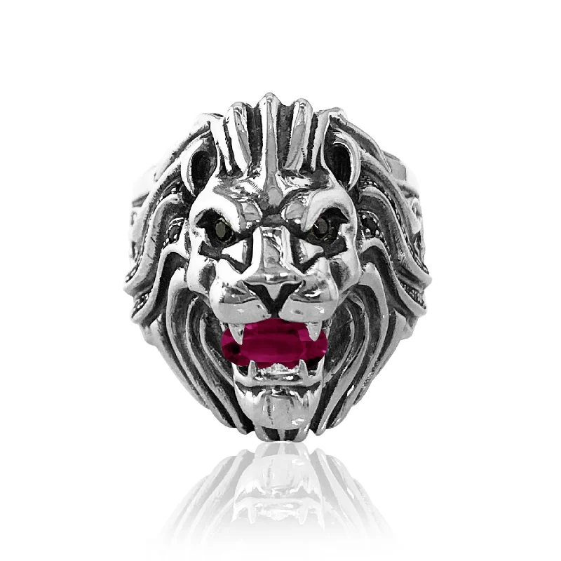 Victorian style engagement rings-Sterling silver lion head ring with ruby and spinel