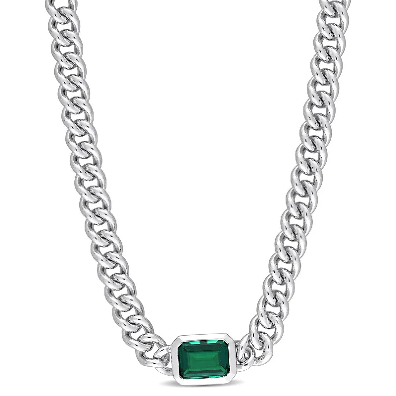 Mystic eye necklaces-Miadora 7/8ct TGW Octagon Created Emerald Curb Link Chain Necklace in Sterling Silver