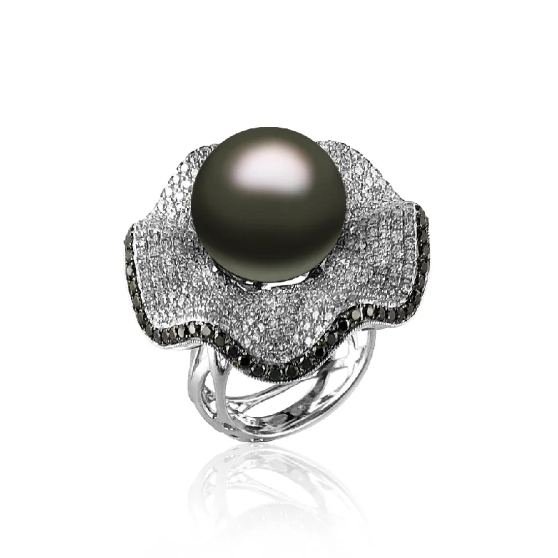 Satin silver engagement rings-18K White gold ring with black and white diamonds and center pearl