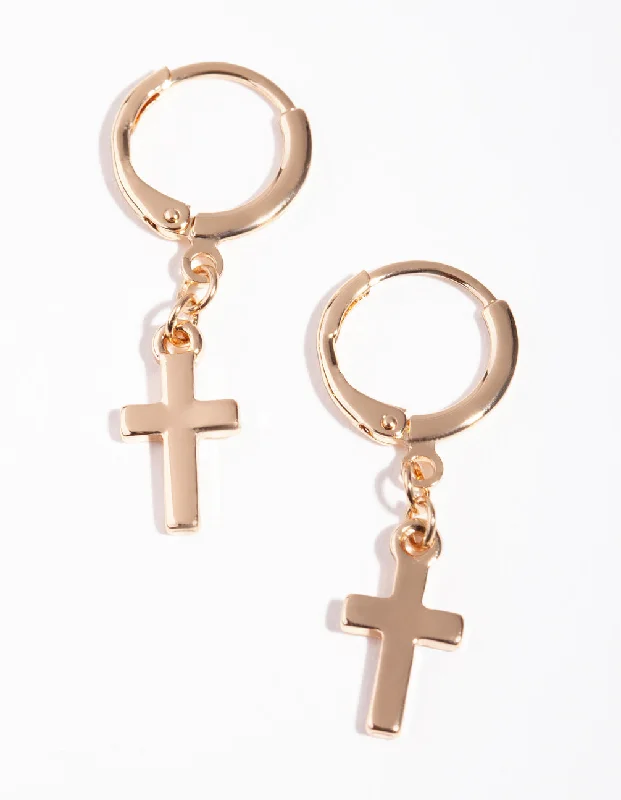 Curved design earrings-Gold Thick Cross Huggie Earrings