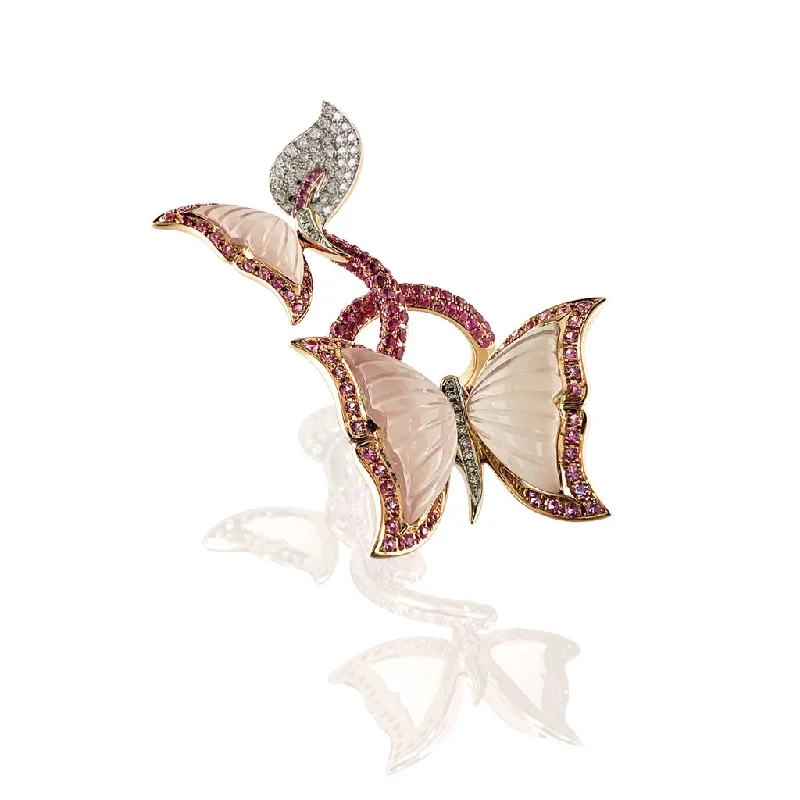 Vintage rose engagement rings-18K Rose gold butterfly's ring with diamonds sapphire and rose quartz