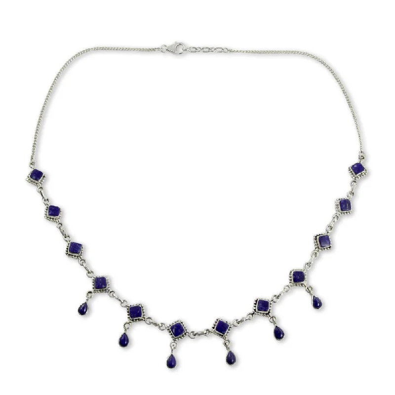 Polished bead necklaces-Handmade Sterling Silver Queen of Diamonds Lapis Lazuli Curb Style Necklace (India)