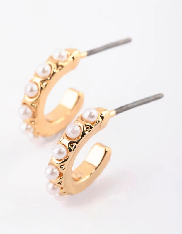 Worn medallion earrings-Gold Pearl Huggie Hoop Earrings