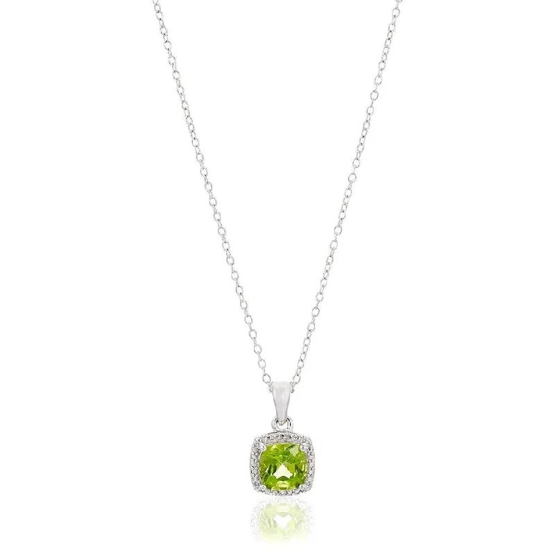 Alloy metal necklaces-Sterling Silver Cushion Peridot Diamond Halo Pendant Necklace, 18"