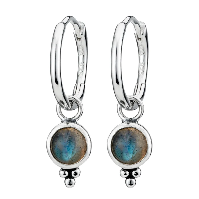 Astro charm earrings-SATELLITE - Labradorite & Sterling Silver Hoops