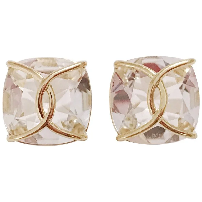 Tide design earrings-Large Rock Crystal Cushion Stud Earring with Yellow Gold Wire Wrap