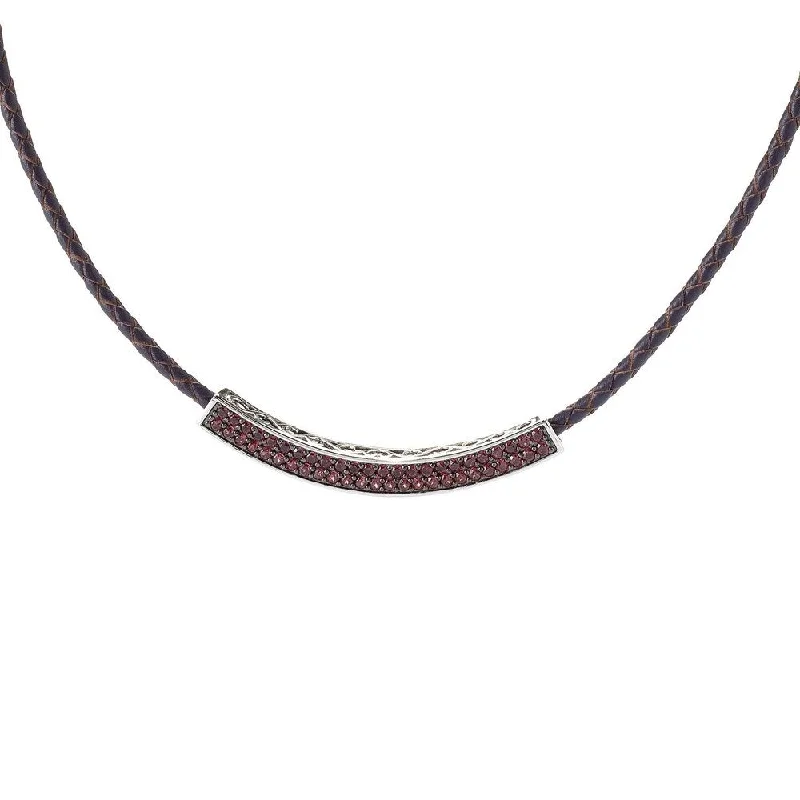 Radiant pearl necklaces-Platinum over Sterling Silver Rhodolite Curved Braided Leather Necklace