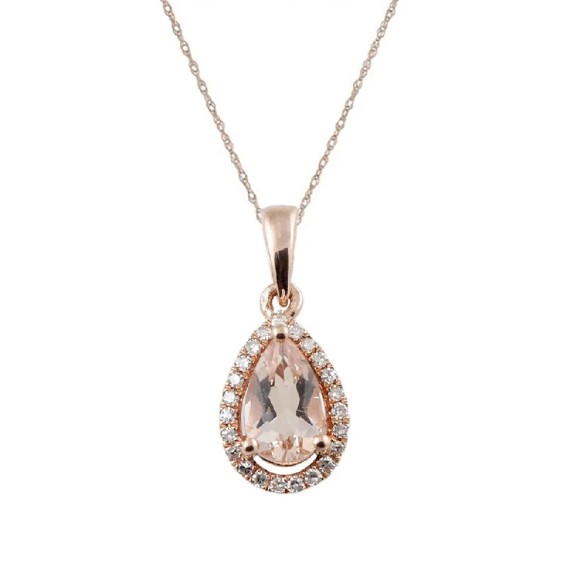 Thai style necklaces-10k Rose Gold Morganite and Diamond Pear Halo Pendant Necklace