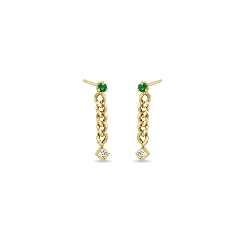 Spinel earrings-14k Prong Emerald & Princess Diamond Small Curb Chain Drop Earrings